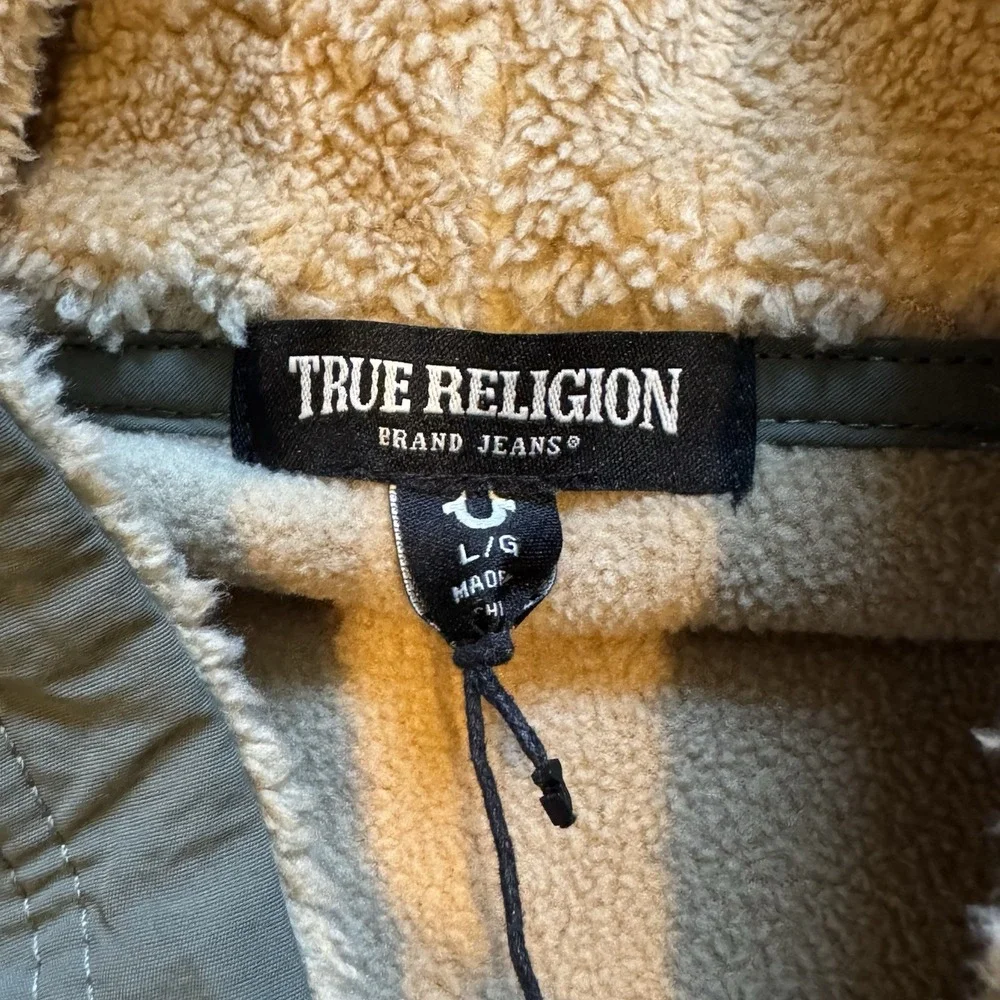 NWT True Religion Mens Contrast Sherpa Hooded Jacket Beige Soft Cozy Winter L